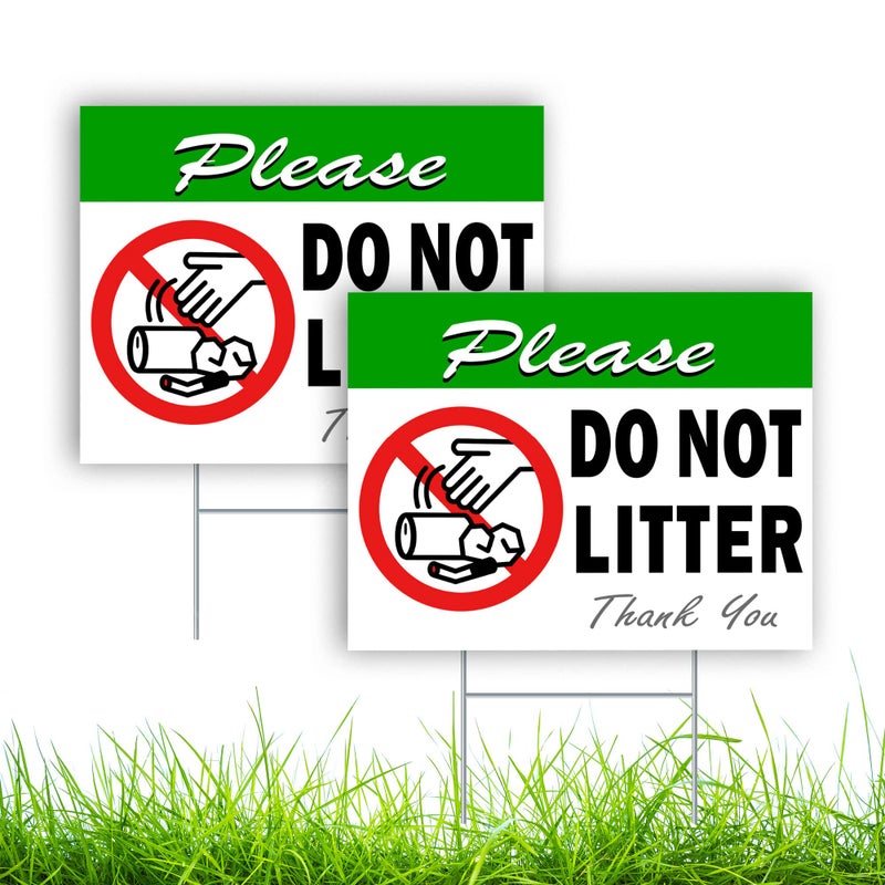 DIMARONGTON 2 PC Please Do Not Litter Sign with Stake - 14x10 Coroplast Double Sided No Dumping Signs Outdoor - No Trash Sign - Signs for Private Property - Image 1